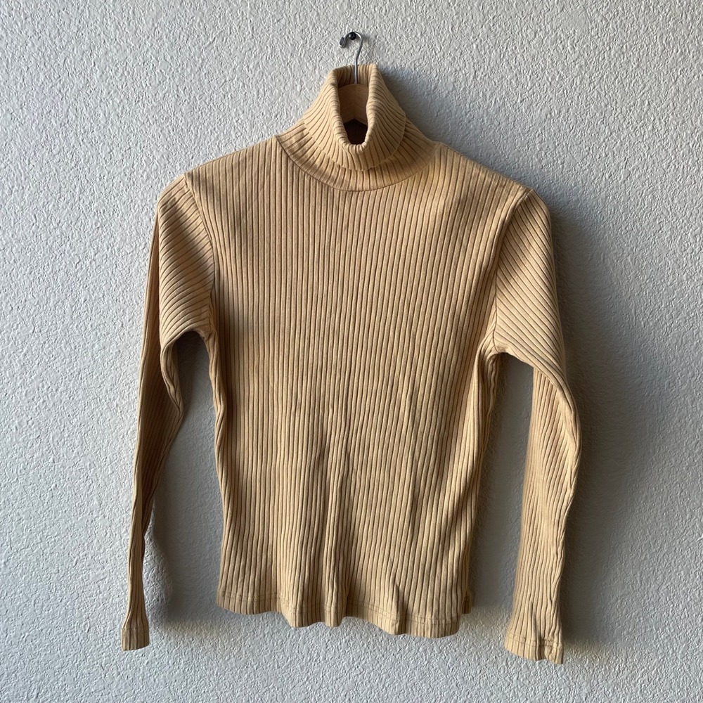 Maria Gabrielle Womens Turtleneck Top Large Tan Cotton Blend Ribbed Long Sleeve